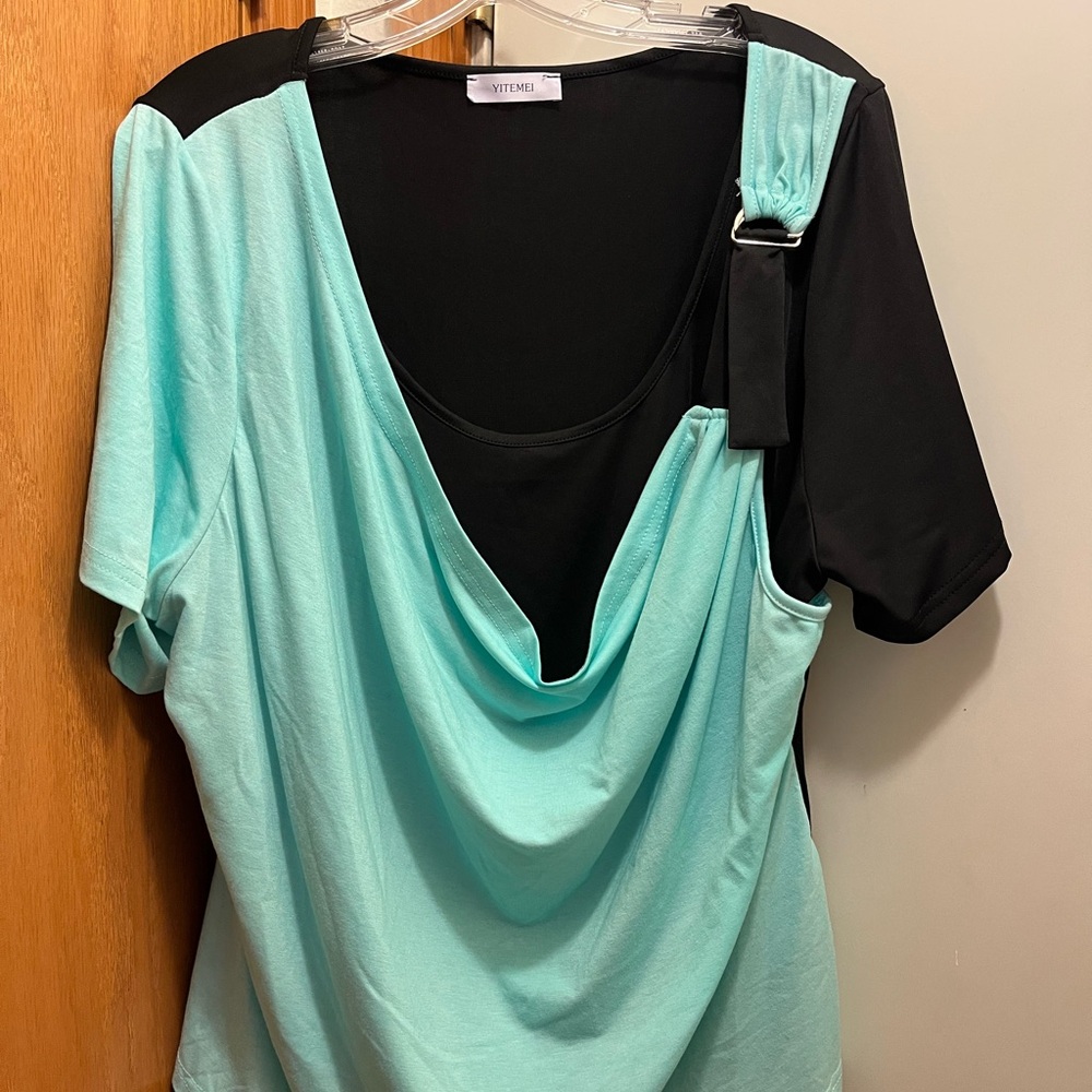 Women's Black and Mint Drape Top